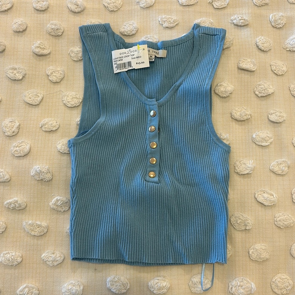 Blue cropped tank with gold buttons